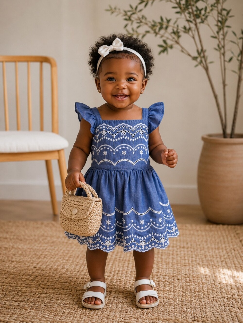 Cat & Jack Baby Chambray Eyelet Embroidered Flutter Sleeve Dress 12M Open Back